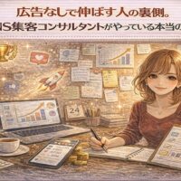 広告なしで成果を出すSNS集客コンサルタントが、分析資料をもとに戦略設計を行っている様子