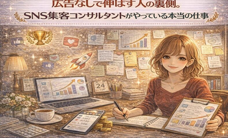 広告なしで成果を出すSNS集客コンサルタントが、分析資料をもとに戦略設計を行っている様子