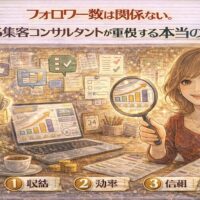 フォロワー数よりも収益・効率・信頼を指標として分析するSNS集客コンサルタントのイメージ