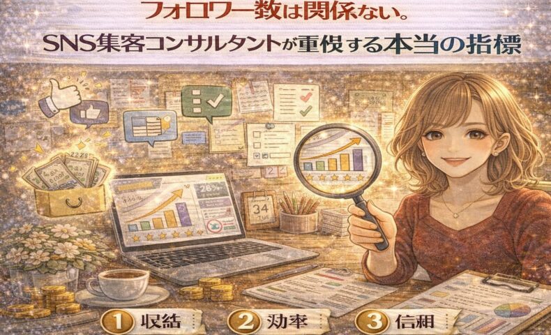 フォロワー数よりも収益・効率・信頼を指標として分析するSNS集客コンサルタントのイメージ