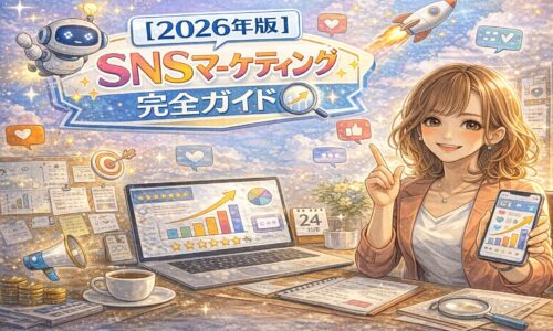 2026年版SNSマーケティング完全ガイドをテーマに、データ分析・戦略設計・集客導線を解説するSNS集客コンサルタントのイメージイラスト