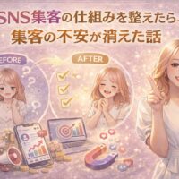 SNS集客の仕組みを整える前後を比較し、集客の不安が解消された様子を表現したイラスト。迷っていた状態から、仕組み化によって安心して集客できるようになった変化を示している。