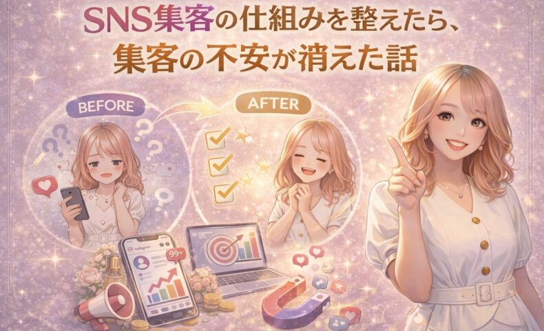 SNS集客の仕組みを整える前後を比較し、集客の不安が解消された様子を表現したイラスト。迷っていた状態から、仕組み化によって安心して集客できるようになった変化を示している。