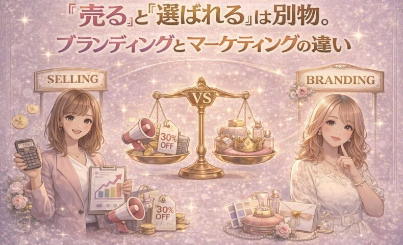 売るためのマーケティングと、選ばれるためのブランディングの違いを天秤で比較したイラスト。割引や数値で売る世界と、世界観や価値で選ばれる世界の対比を表現している。