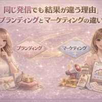 同じ発信でも結果が違う理由を、ブランディングとマーケティングの違いで比較したイラスト。価値で選ばれるブランディングと、数字で売るマーケティングの対比を表現している。