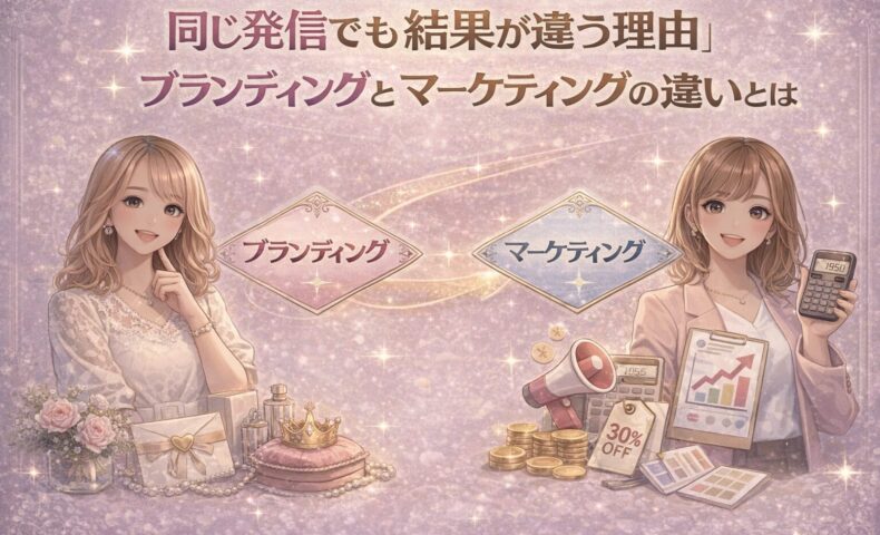 同じ発信でも結果が違う理由を、ブランディングとマーケティングの違いで比較したイラスト。価値で選ばれるブランディングと、数字で売るマーケティングの対比を表現している。