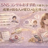 SNSコンサルおすすめで迷う女性が、成果が出る基準を比較しながら選び方を考えているイラスト