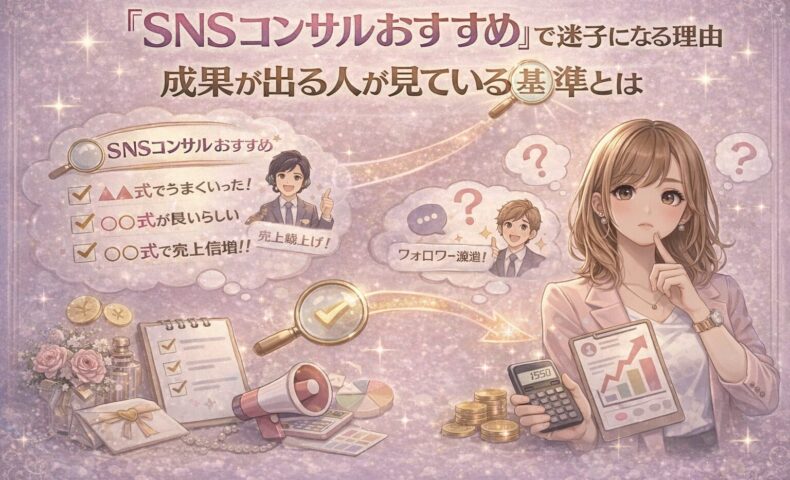 SNSコンサルおすすめで迷う女性が、成果が出る基準を比較しながら選び方を考えているイラスト