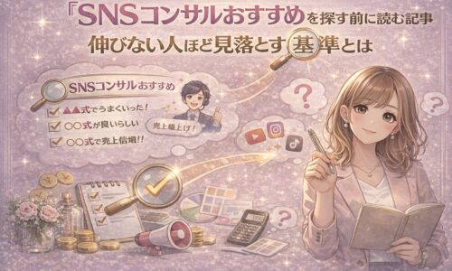 SNSコンサルおすすめで迷う女性が、成果が出る基準を整理しながら選び方を考えているイメージイラスト