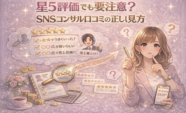 星5評価でも注意が必要なSNSコンサル口コミを見極めるポイントを解説するイラスト。高評価レビューと迷う女性の対比で、口コミの正しい見方を表現している。
