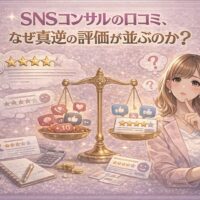 SNSコンサル口コミで高評価と低評価が真逆に分かれる理由を比較しながら考える女性のイラスト