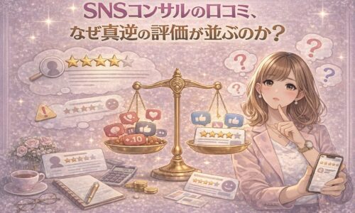 SNSコンサル口コミで高評価と低評価が真逆に分かれる理由を比較しながら考える女性のイラスト