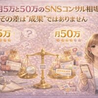 月5万と50万のSNSコンサル相場を天秤で比較し、価格差の本質を考える女性のイラスト