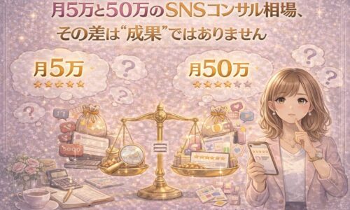 月5万と50万のSNSコンサル相場を天秤で比較し、価格差の本質を考える女性のイラスト