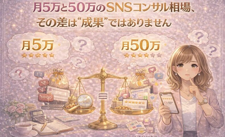 月5万と50万のSNSコンサル相場を天秤で比較し、価格差の本質を考える女性のイラスト