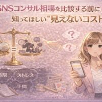 SNSコンサル相場を比較する前に知っておきたい見えないコストを、金額と時間・ストレスの天秤で表現したイラスト
