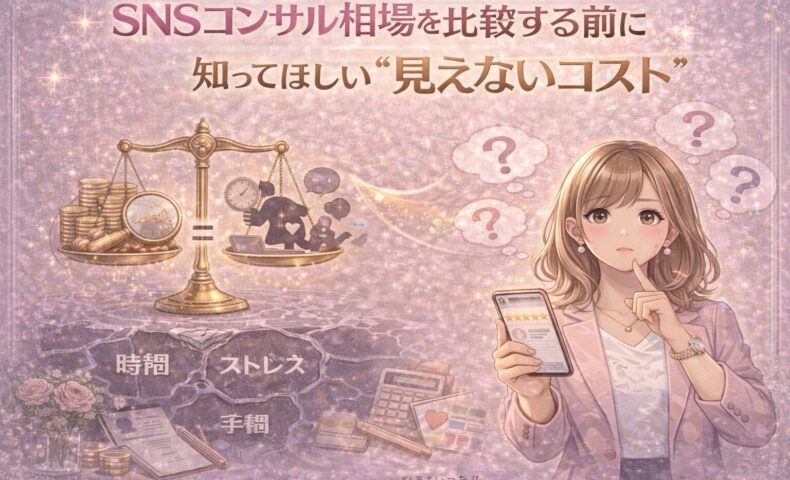 SNSコンサル相場を比較する前に知っておきたい見えないコストを、金額と時間・ストレスの天秤で表現したイラスト