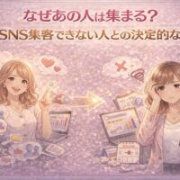 SNS集客できない人と集まる人の違いを比較したイラスト。左はSNS集客に成功して反応が集まる女性、右はSNS集客できず悩む女性の対比が描かれている。