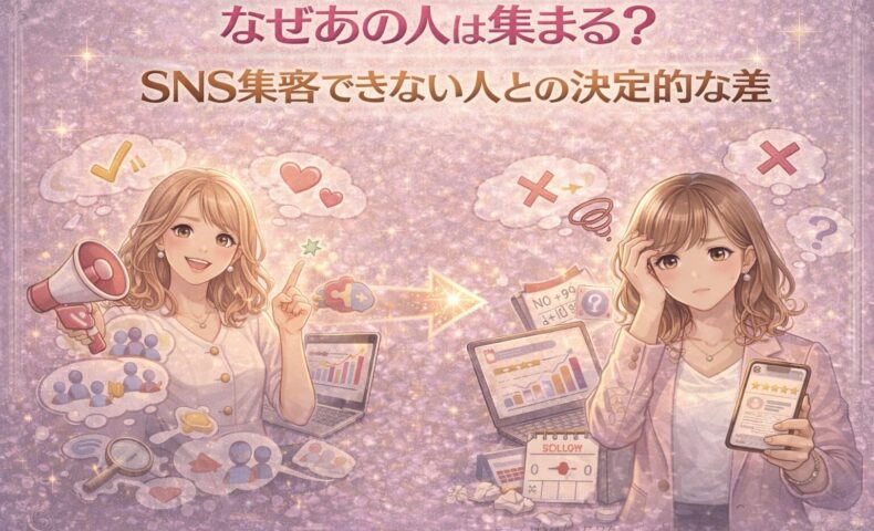 SNS集客できない人と集まる人の違いを比較したイラスト。左はSNS集客に成功して反応が集まる女性、右はSNS集客できず悩む女性の対比が描かれている。