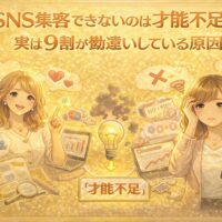 SNS集客できない原因は才能不足ではないと気づく女性と、集客に悩む女性を対比したイラスト。SNS集客の勘違いと本当の原因を表現している。