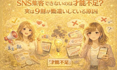 SNS集客できない原因は才能不足ではないと気づく女性と、集客に悩む女性を対比したイラスト。SNS集客の勘違いと本当の原因を表現している。