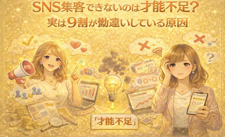 SNS集客できない原因は才能不足ではないと気づく女性と、集客に悩む女性を対比したイラスト。SNS集客の勘違いと本当の原因を表現している。