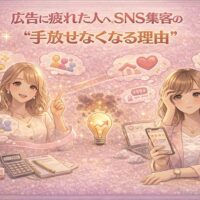 広告に疲れた女性がSNS集客のメリットに気づき、フォロワーとの信頼関係や長期的な成果を実感している様子を表したイラスト