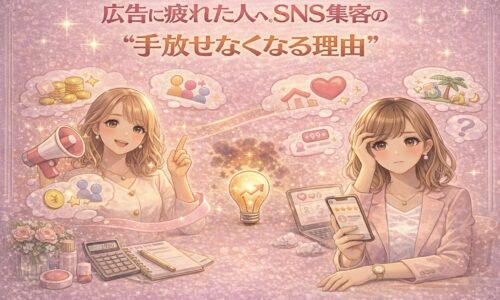 広告に疲れた女性がSNS集客のメリットに気づき、フォロワーとの信頼関係や長期的な成果を実感している様子を表したイラスト