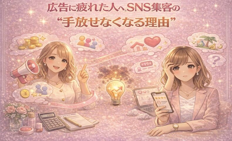 広告に疲れた女性がSNS集客のメリットに気づき、フォロワーとの信頼関係や長期的な成果を実感している様子を表したイラスト