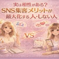 SNS集客メリットが最大化する人としない人の違いを比較し、相性の重要性を示したイラスト