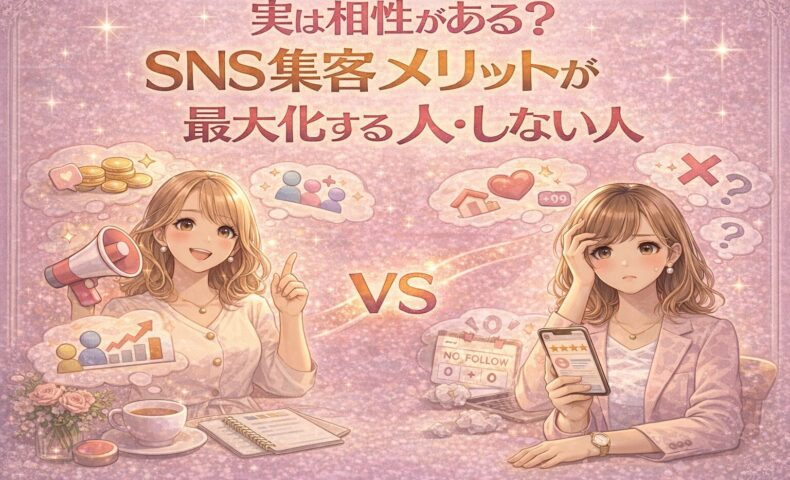SNS集客メリットが最大化する人としない人の違いを比較し、相性の重要性を示したイラスト