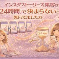 インスタ ストーリーズ 集客は24時間で決まらないことを示すイメージ。複数のストーリーズ投稿と時間の経過、成果につながる流れを視覚的に表現している。