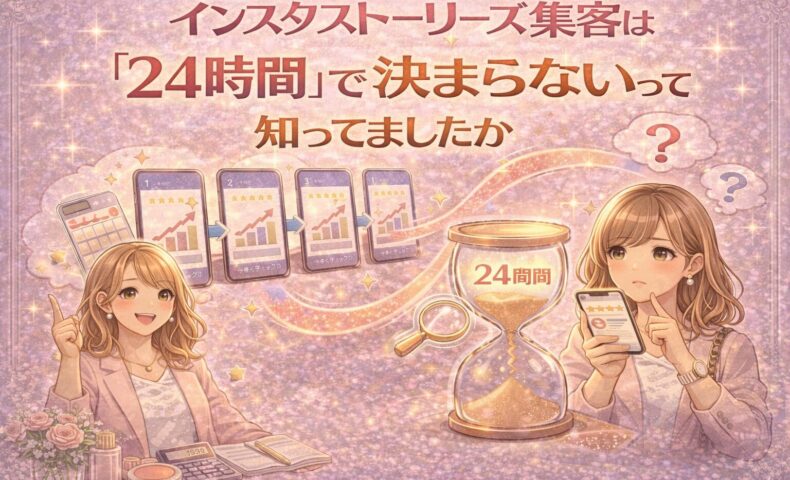インスタ ストーリーズ 集客は24時間で決まらないことを示すイメージ。複数のストーリーズ投稿と時間の経過、成果につながる流れを視覚的に表現している。