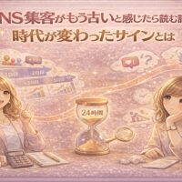 SNS集客がもう古いと感じた人が、時代の変化サインに気づく様子を描いたイラスト。24時間の砂時計と集客成果に悩む女性と、変化を理解し前向きになる女性が対比されている。