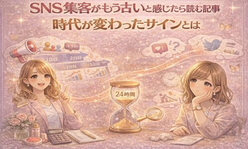 SNS集客がもう古いと感じた人が、時代の変化サインに気づく様子を描いたイラスト。24時間の砂時計と集客成果に悩む女性と、変化を理解し前向きになる女性が対比されている。