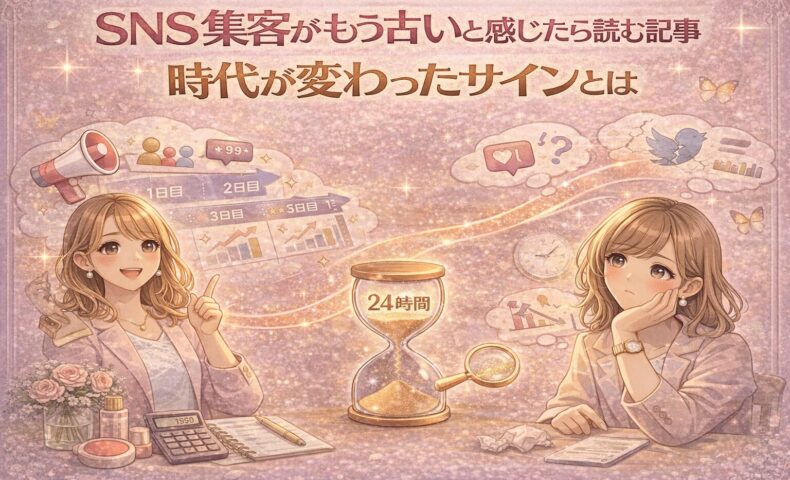 SNS集客がもう古いと感じた人が、時代の変化サインに気づく様子を描いたイラスト。24時間の砂時計と集客成果に悩む女性と、変化を理解し前向きになる女性が対比されている。