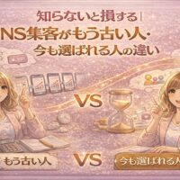SNS集客がもう古い人と今も選ばれる人の違いを比較し、時間の使い方と考え方の差を視覚的に表したイラスト