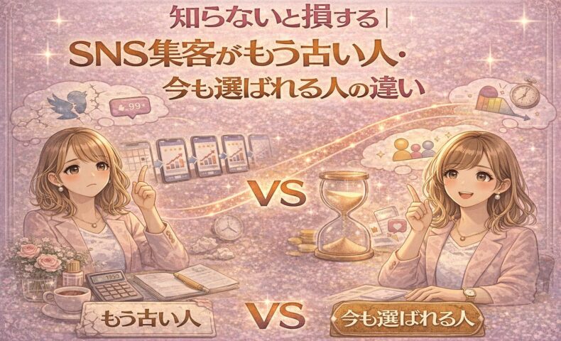 SNS集客がもう古い人と今も選ばれる人の違いを比較し、時間の使い方と考え方の差を視覚的に表したイラスト