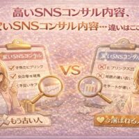 高いSNSコンサル内容と安いSNSコンサル内容の違いを比較し、もう古い選び方と今も選ばれる人の判断基準を解説したイラスト