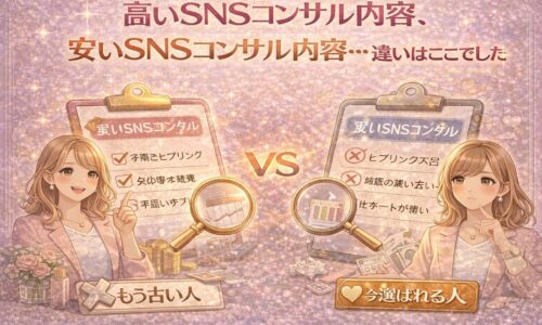 高いSNSコンサル内容と安いSNSコンサル内容の違いを比較し、もう古い選び方と今も選ばれる人の判断基準を解説したイラスト