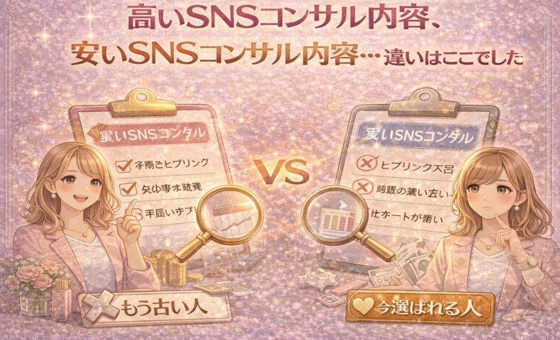 高いSNSコンサル内容と安いSNSコンサル内容の違いを比較し、もう古い選び方と今も選ばれる人の判断基準を解説したイラスト