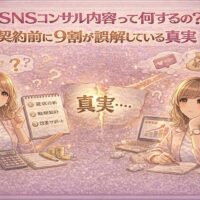 SNSコンサル内容とは何をするのか、契約前に多くの人が誤解しているポイントと本当の支援内容を対比で表したイラスト