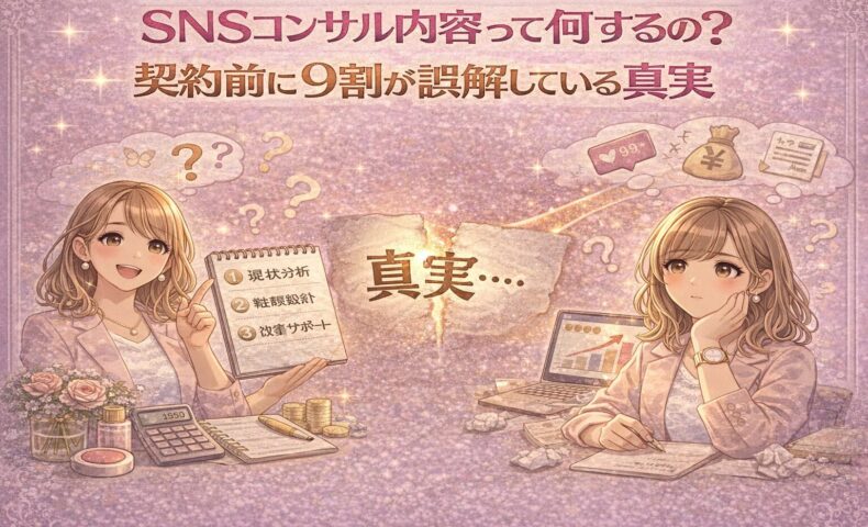 SNSコンサル内容とは何をするのか、契約前に多くの人が誤解しているポイントと本当の支援内容を対比で表したイラスト
