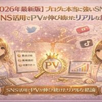 2026年最新版として、ブログに本当に強いSNSを比較し、SNS活用でPVが伸び続けたリアルな結論を解説しているイラスト