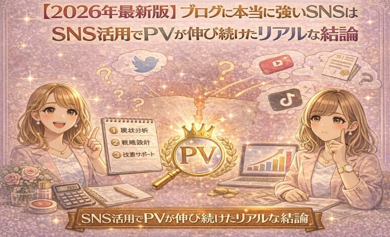 2026年最新版として、ブログに本当に強いSNSを比較し、SNS活用でPVが伸び続けたリアルな結論を解説しているイラスト