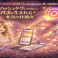 2026年最新版のInstagram運用で、ハッシュタグではなくアルゴリズムと保存・リーチ設計によってバズが生まれる仕組みを解説するイメージ