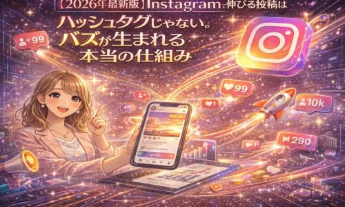 2026年最新版のInstagram運用で、ハッシュタグではなくアルゴリズムと保存・リーチ設計によってバズが生まれる仕組みを解説するイメージ
