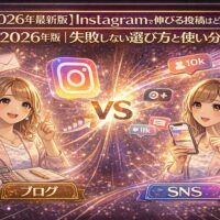 ブログとSNSを比較し、2026年の集客戦略としてどちらを選ぶべきかを解説するイラスト。Instagramを中心に、ブログ集客とSNS集客の違いと使い分けを視覚的に表現している。