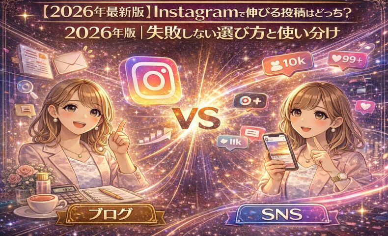 ブログとSNSを比較し、2026年の集客戦略としてどちらを選ぶべきかを解説するイラスト。Instagramを中心に、ブログ集客とSNS集客の違いと使い分けを視覚的に表現している。