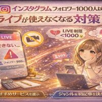 インスタグラムでフォロワー1000人以下のアカウントがライブ配信を使えなくなる可能性を示したイラスト。ライブ制限に悩む女性と、フォロワー999人表示のスマホ画面を通して、2026年のインスタライブ対策を表現している。